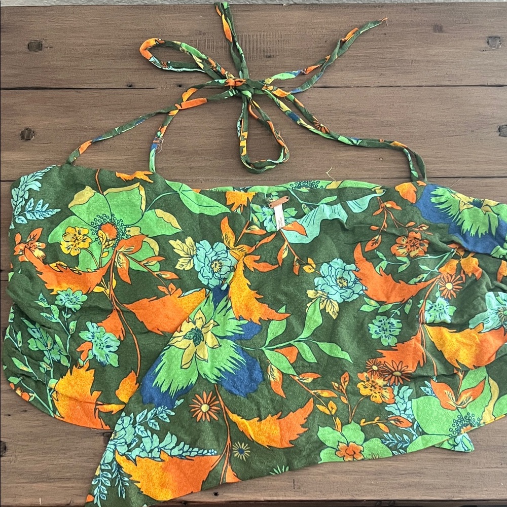Free People Green and Orange Floral Halter Crop Top